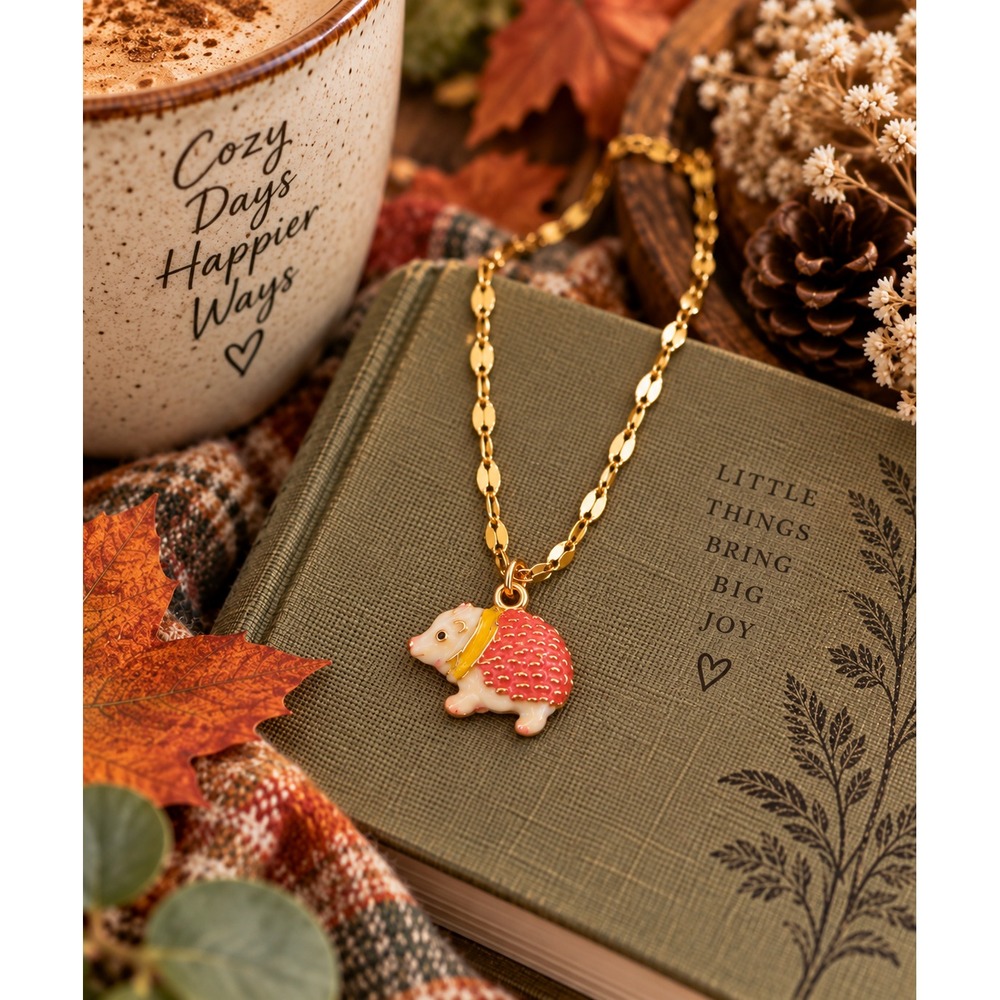 Coral Hedgehog Necklace Gold Tone Enamel Woodland Animal Jewelry